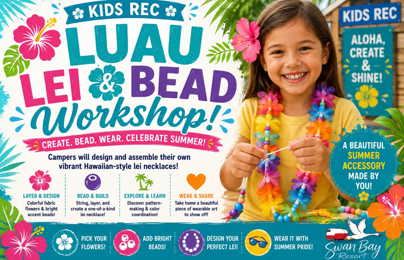 Kids creating luau lei's with bead work at Swan Bay's Kids Rec