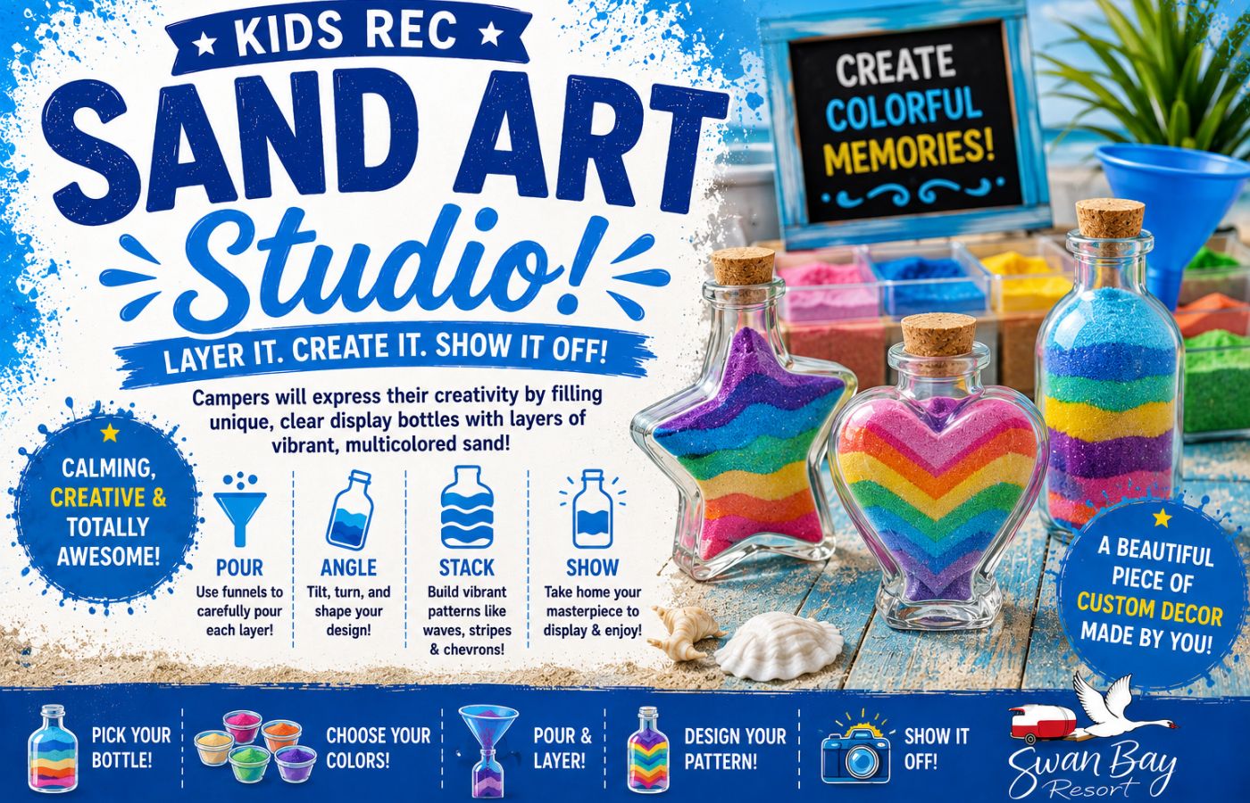  Kids will learn how to use funnels to pour, angle, and stack different colors to create stunning sand art.