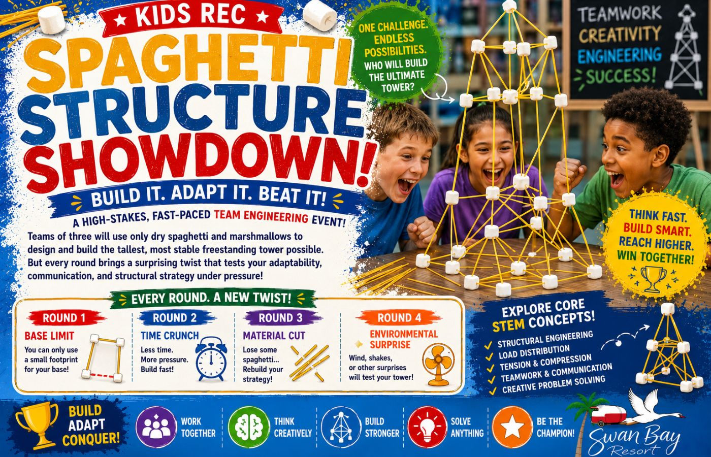 Kids Participating in Swan Bay's Spaghetti Structure Showdown
