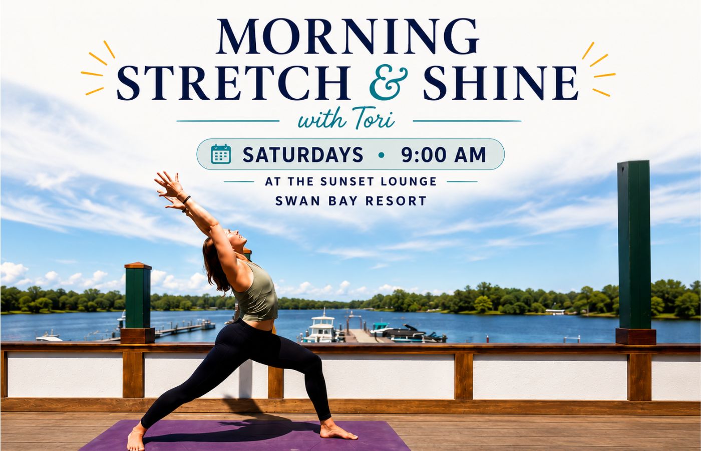 Morning Stretch & Shine yoga class at The Sunset Lounge overlooking the St. Lawrence River at Swan Bay Resort.