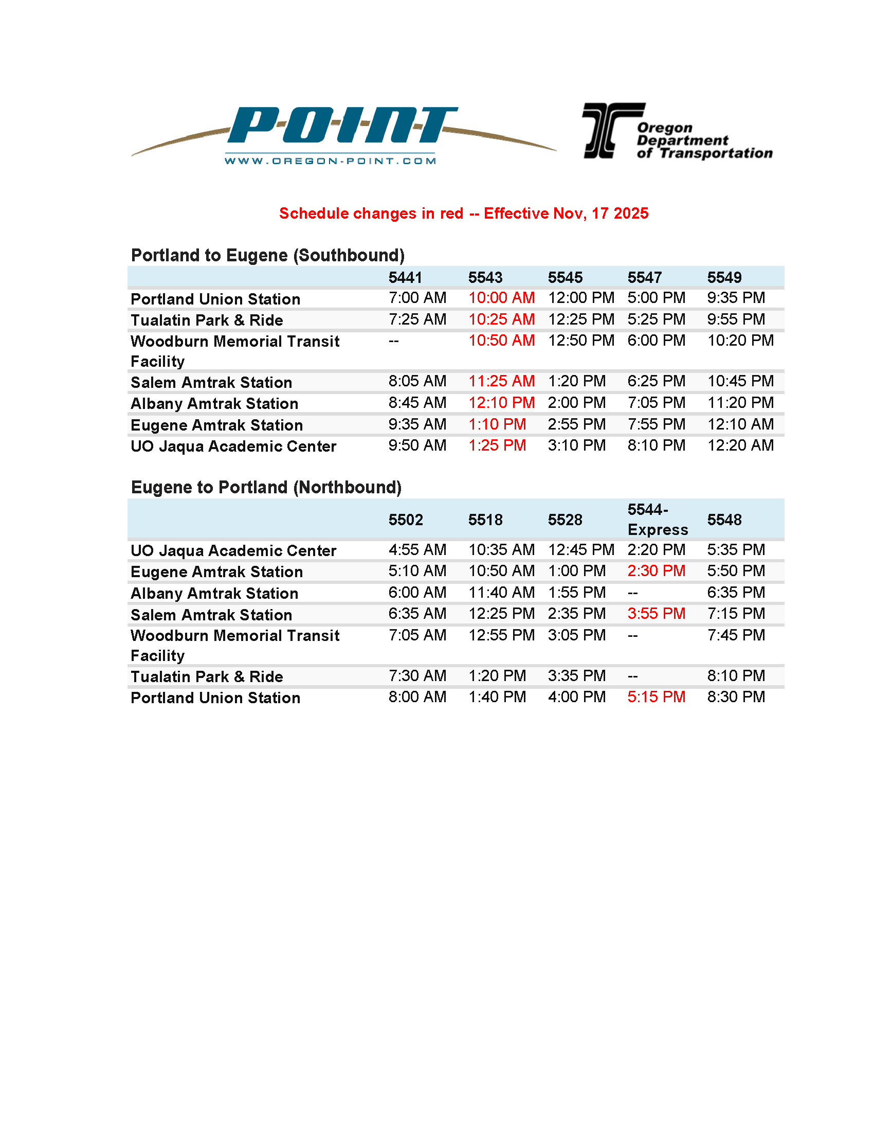 New Cascades Schedule