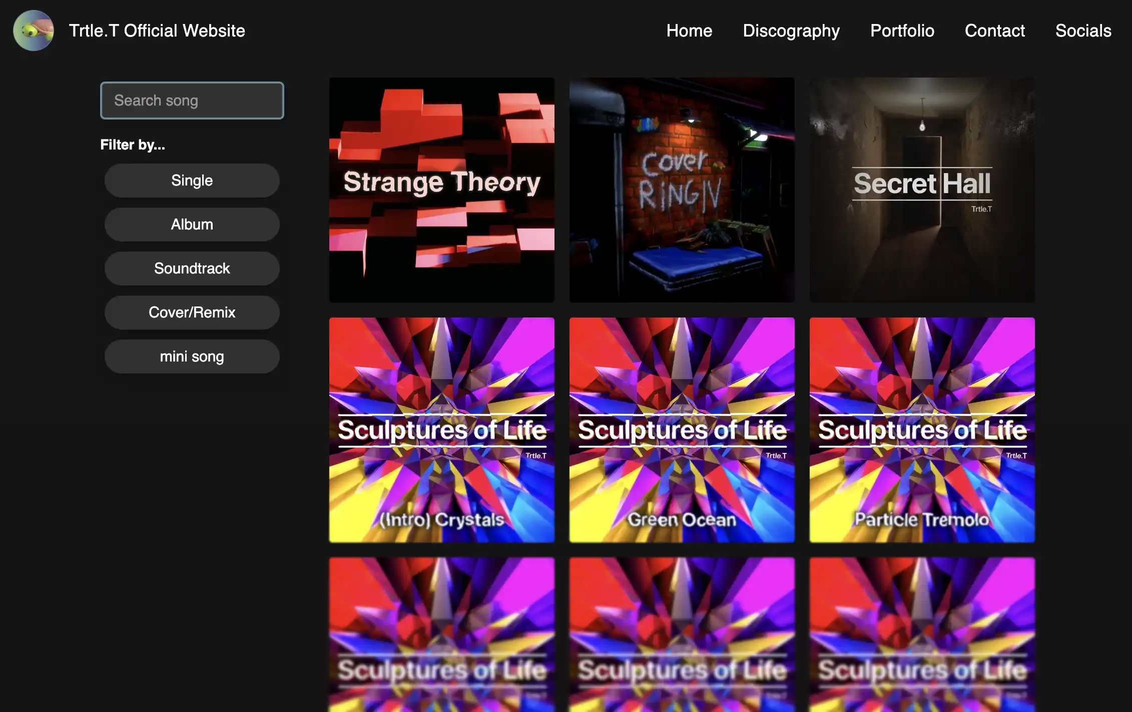 Image of new website. 9 covers appear on the music page, which search and filters besides it.