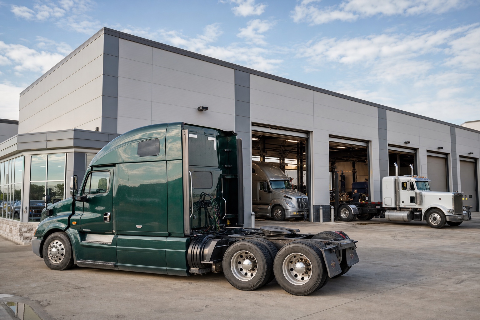 Modern heavy-duty truck repair shop with multiple service bays and semi trucks
