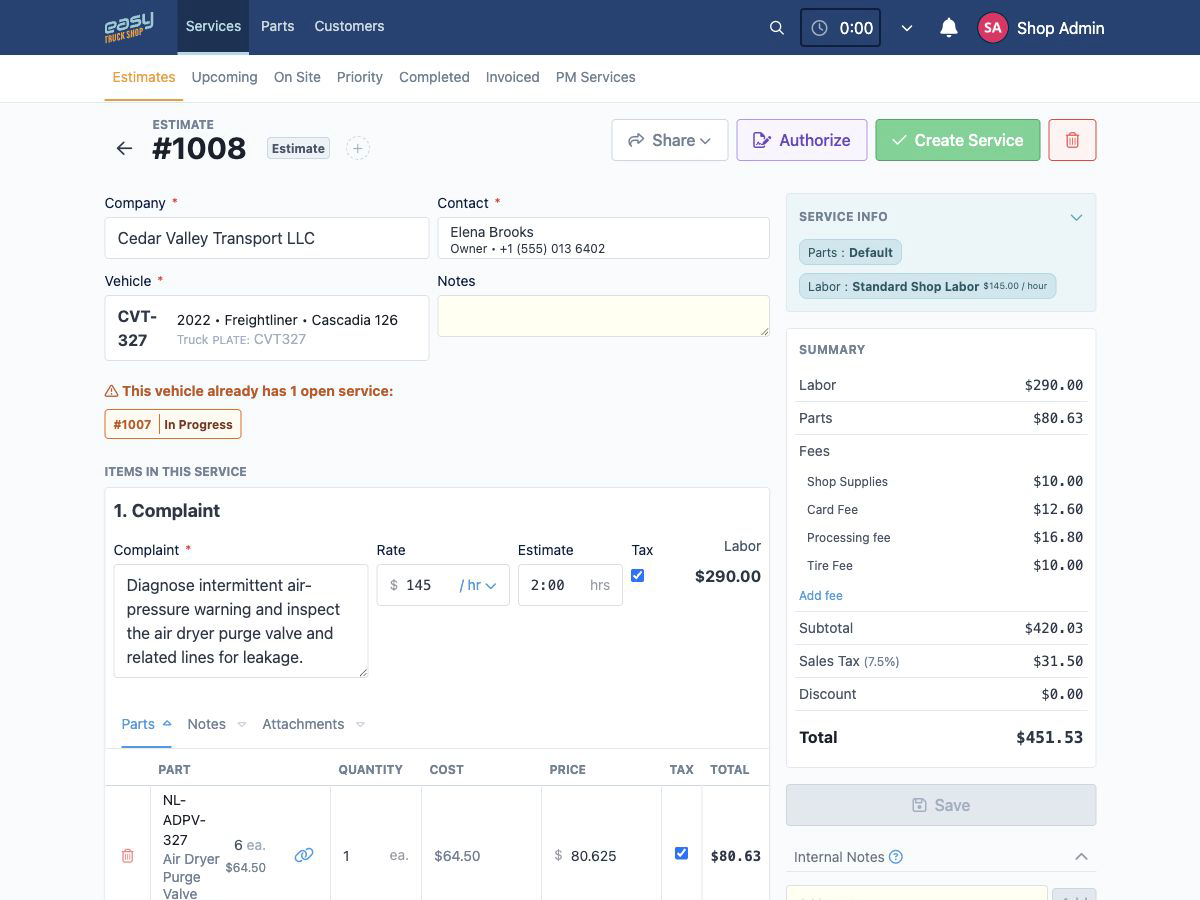 Truck repair estimate with labor, parts, fees, discounts, and customer authorization