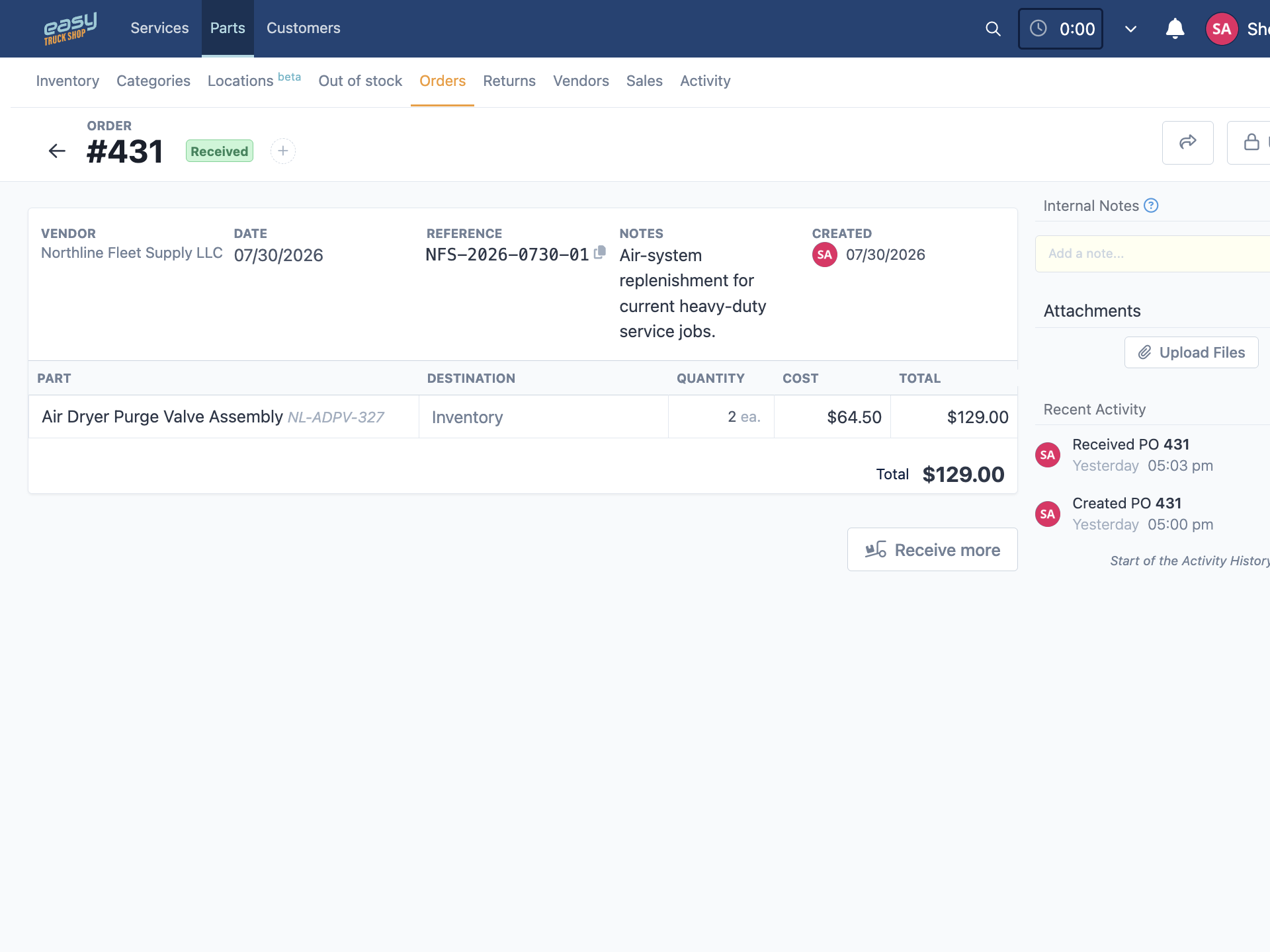 Truck parts inventory with low-stock alerts, purchase orders, receiving, and QR-code scanning