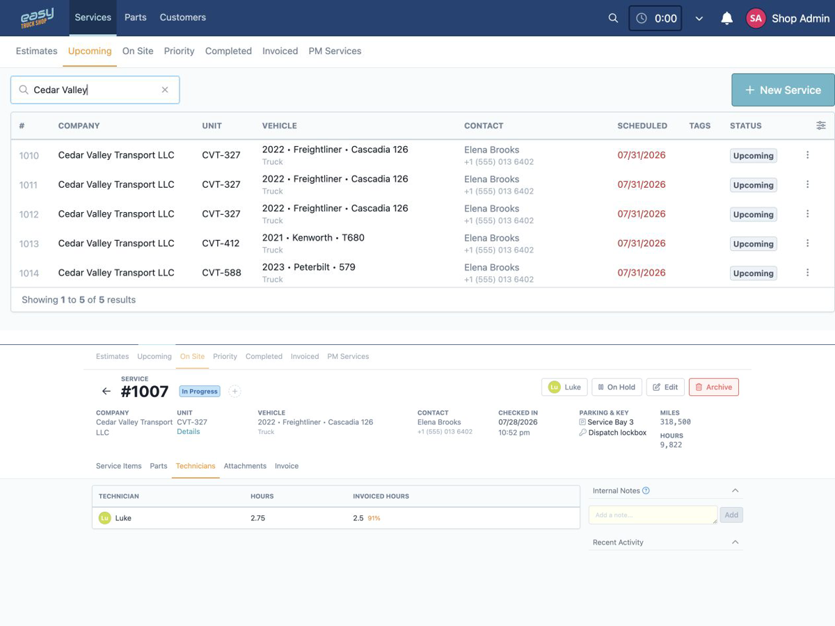 Truck repair scheduling with drag-and-drop technician assignment and service status tracking
