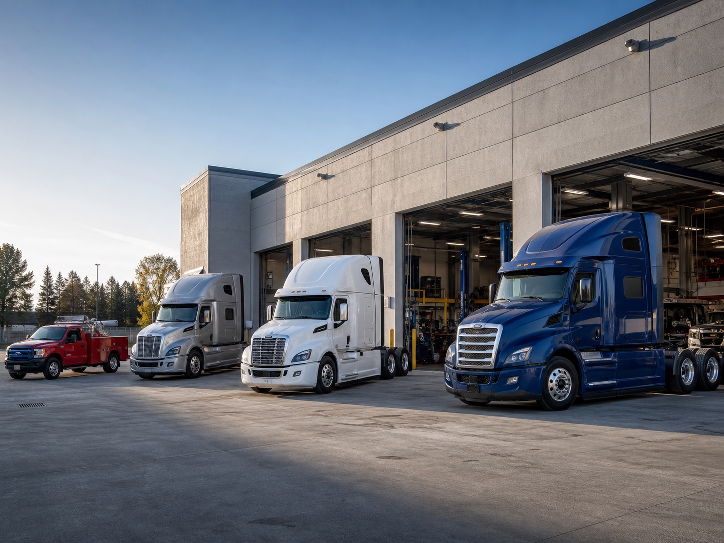 Heavy-duty fleet trucks outside a modern fleet maintenance facility