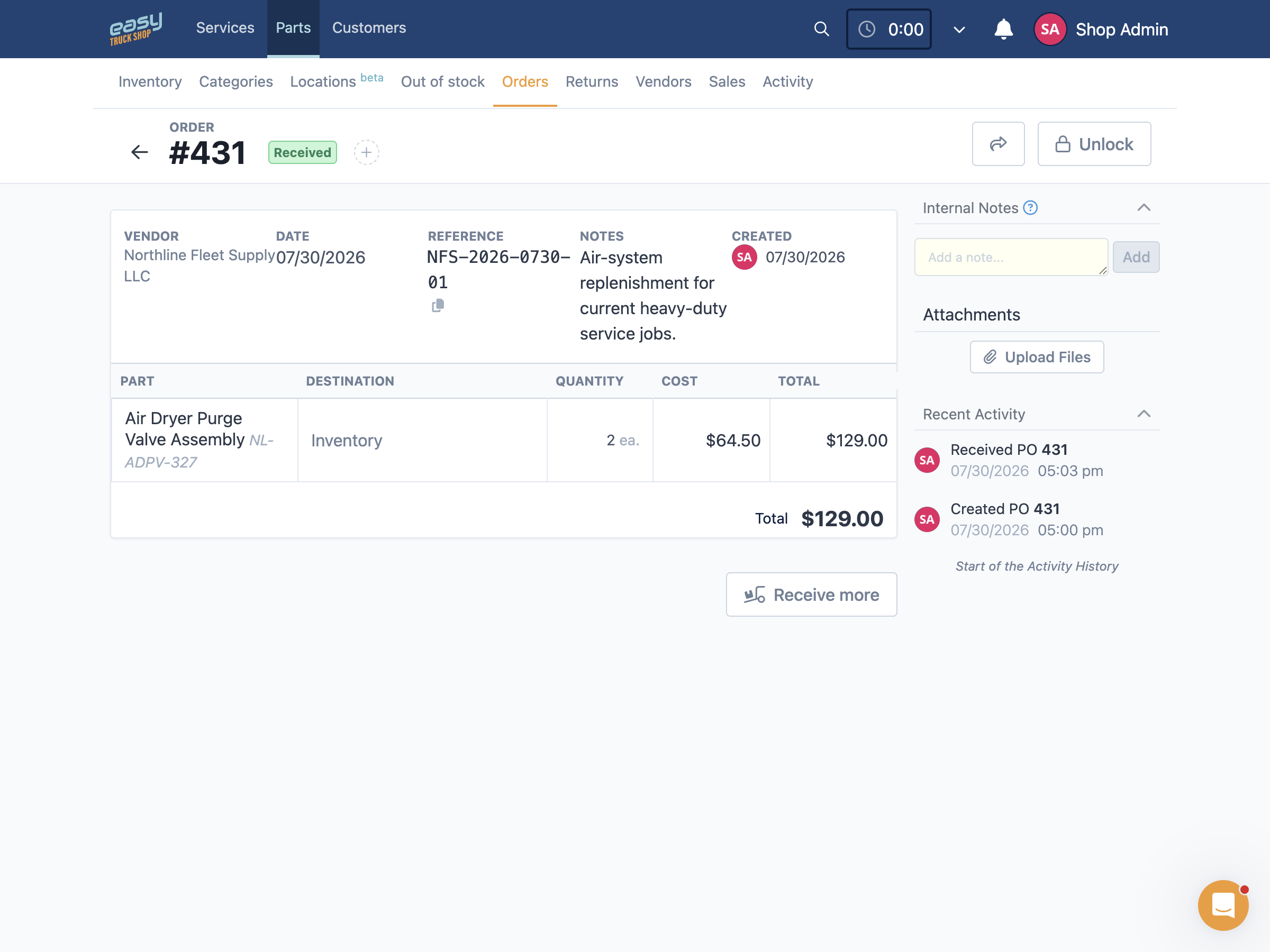 Fleet parts inventory with replenishment requests, purchase orders, receiving, and returns