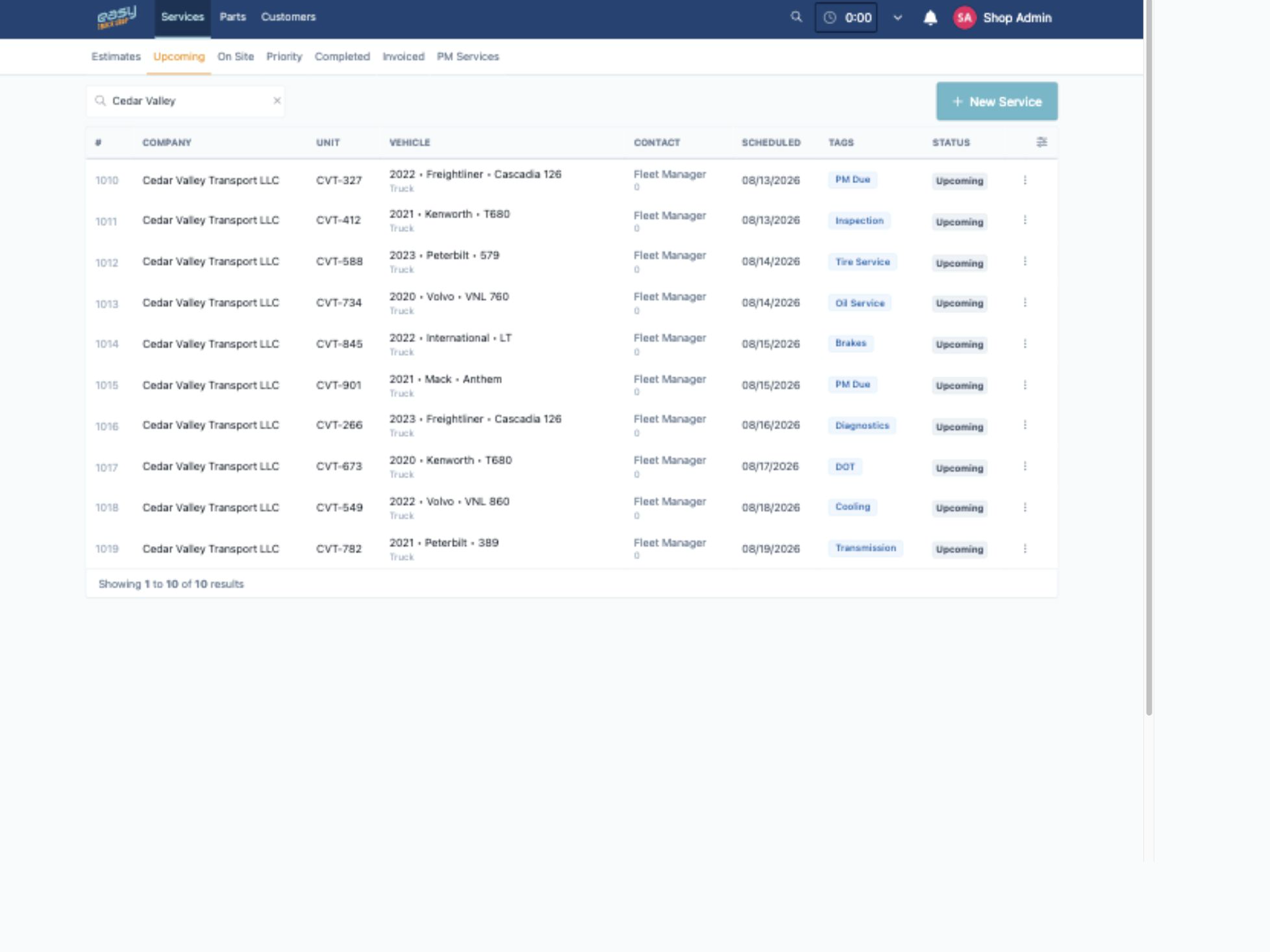 Browser-based fleet maintenance software with connected vehicle, service, parts, and reporting records