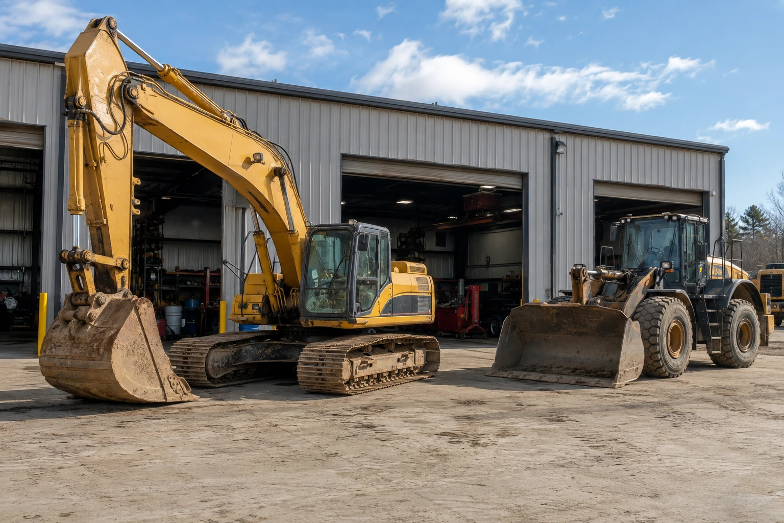 Modern heavy equipment repair shop with construction machinery near open service bays