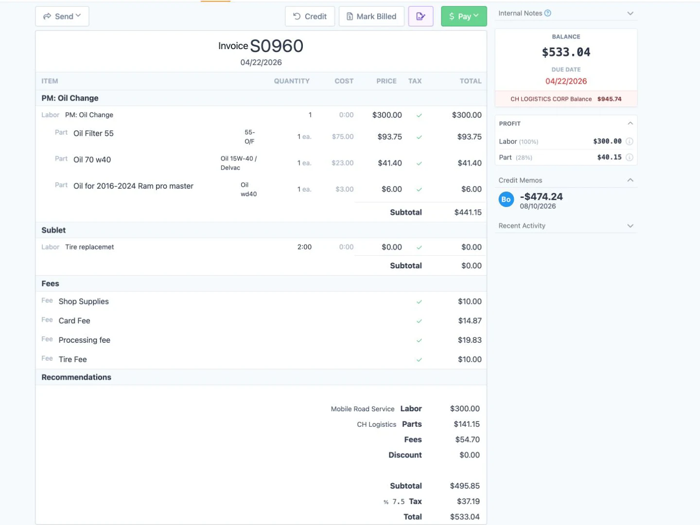 Heavy equipment repair invoice with labor, parts, fees, payment controls, profit, and total