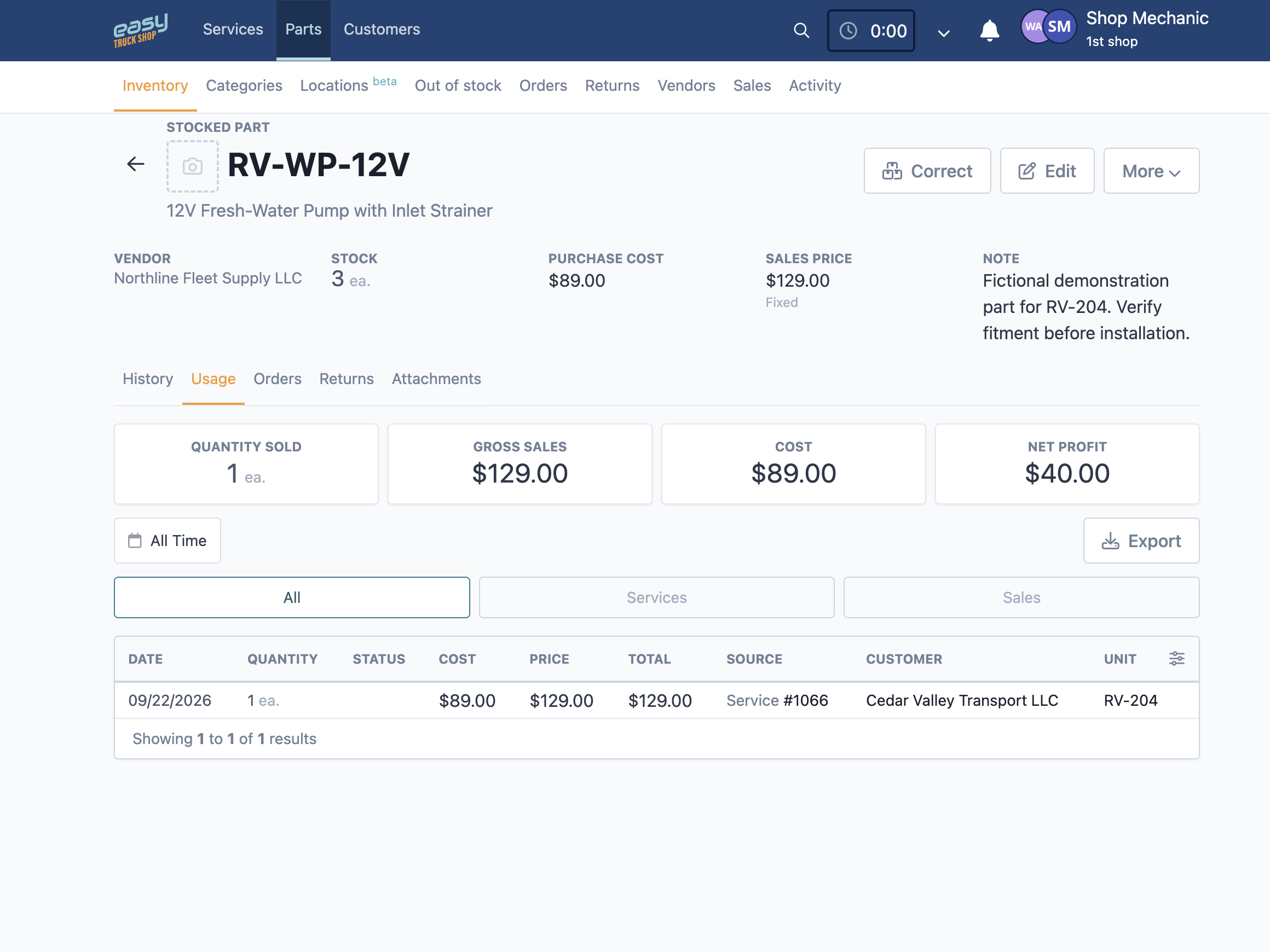 RV parts inventory showing a stocked water pump, supplier, quantity, pricing, and usage on RV-204