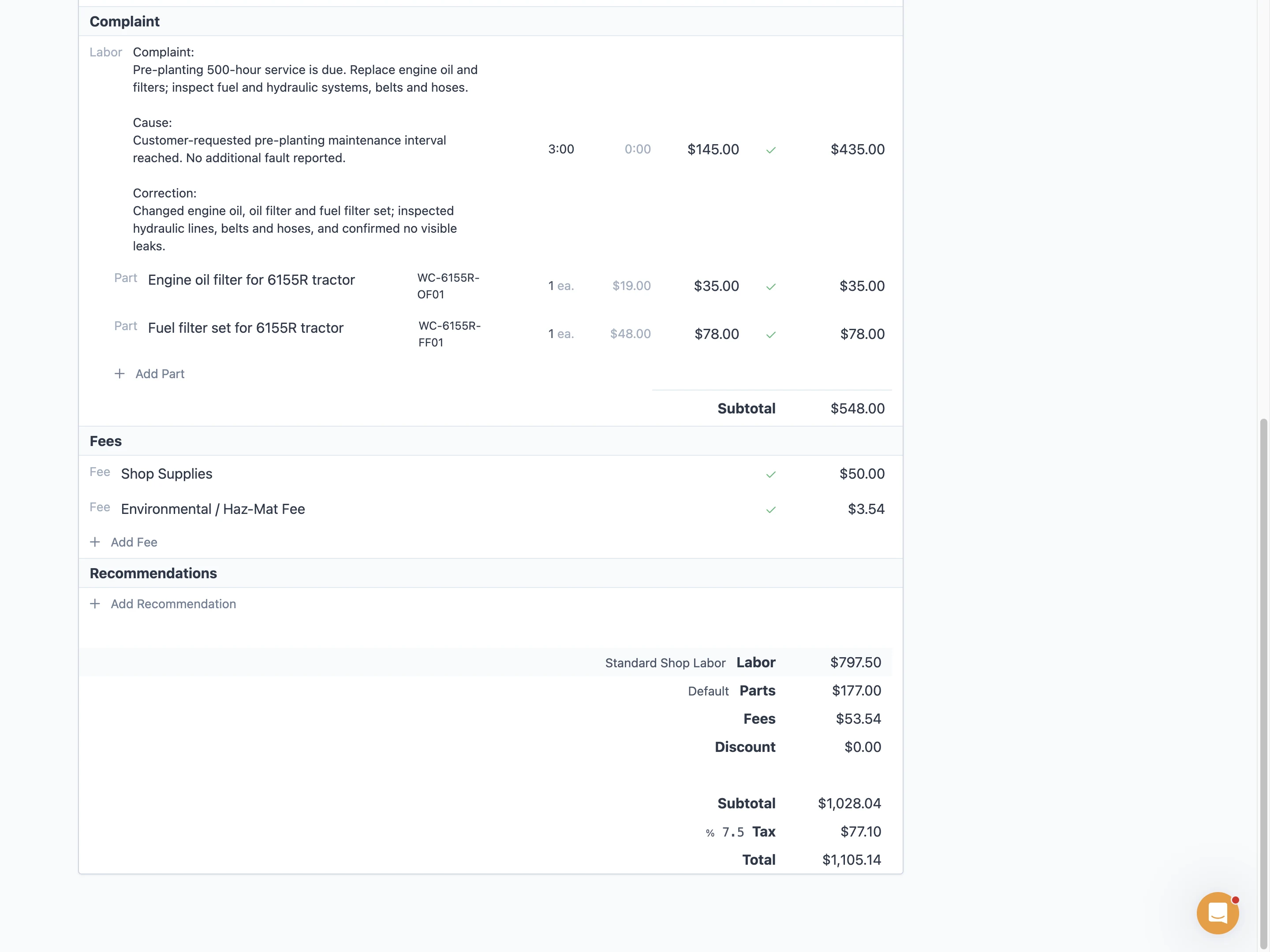 Draft WC-17 tractor repair invoice with labor, parts, fees, tax and total.