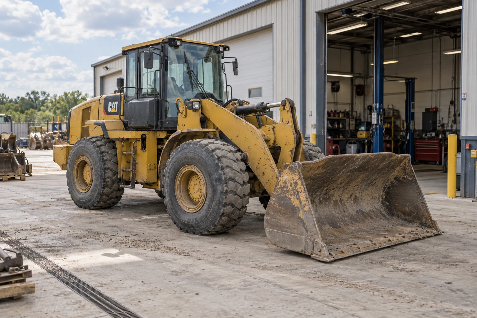 Wheel loader outside an open construction equipment repair shop service bay.