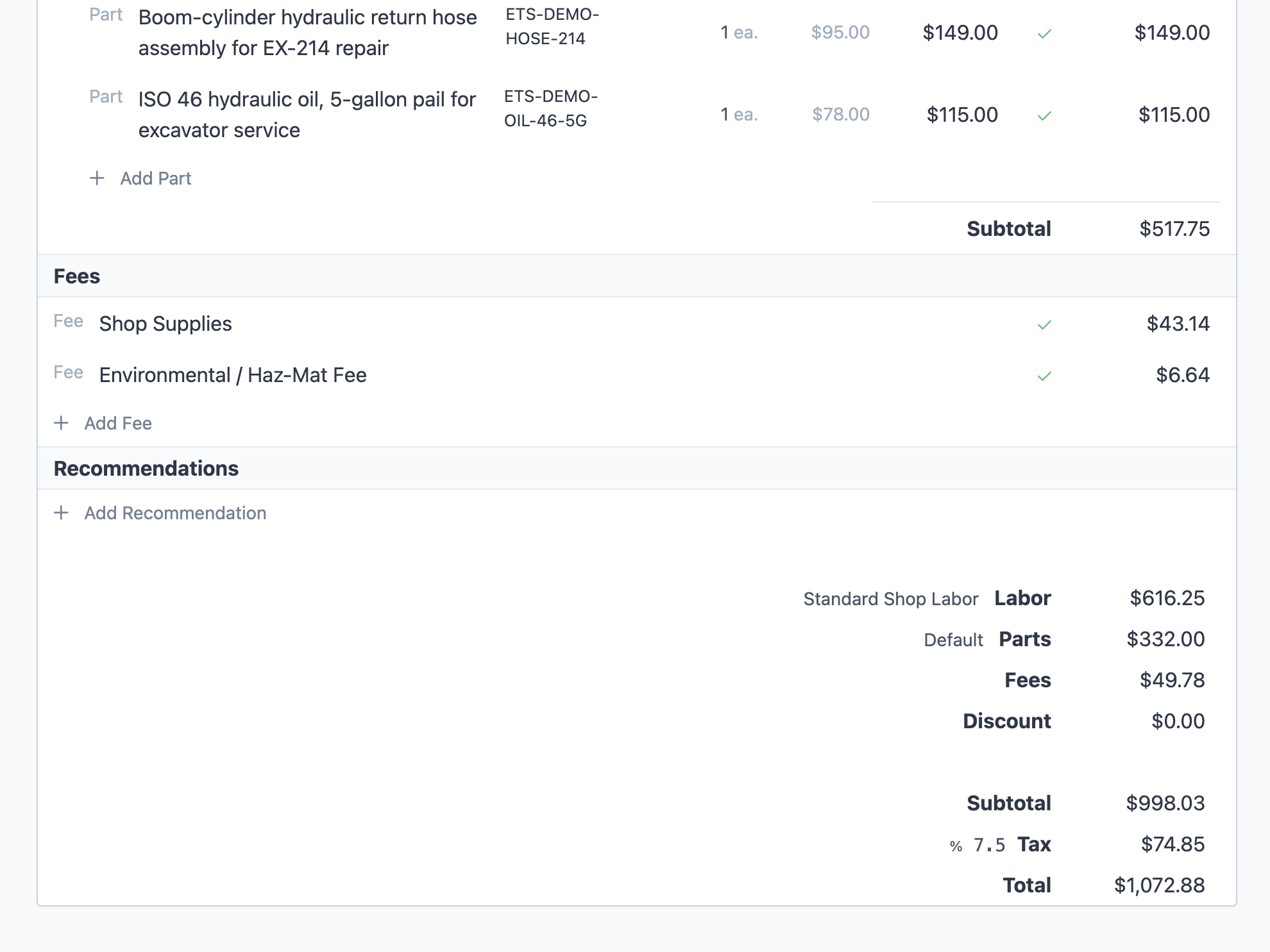 Construction equipment repair invoice showing parts, shop fees, tax and total.