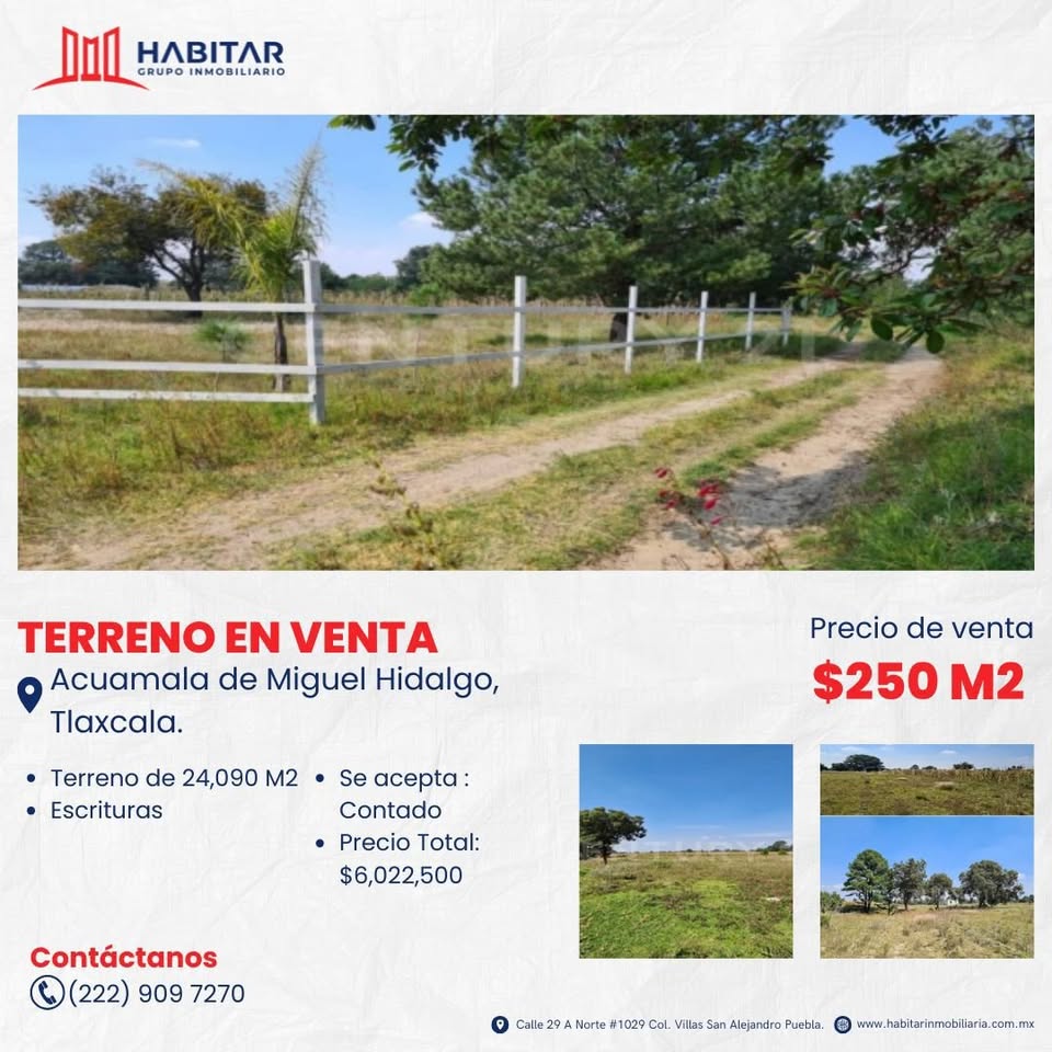 VENTA DE TERRENO EN MUNICIPIO DE ACUAMANALA DE MIGUEL HIDALGO, TLAXCALA