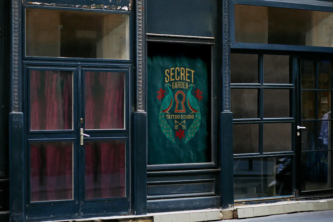 Example of Secret Garden logo applied to an exterior view of a tattoo studio