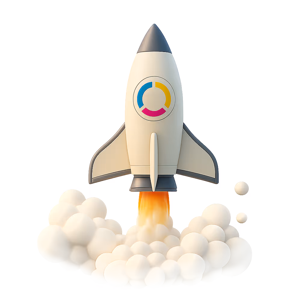 Cartoon-style rocket with blue, yellow, and red circular logo launching with orange flame and white smoke clouds.