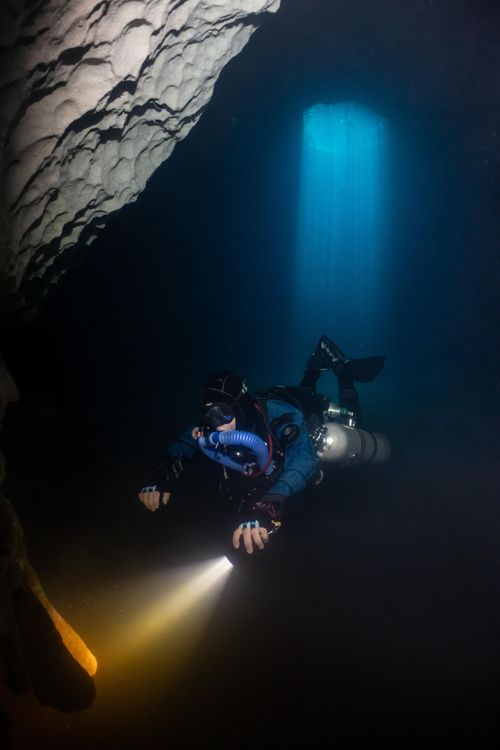 underwater scene during scuba diving in the cenotes