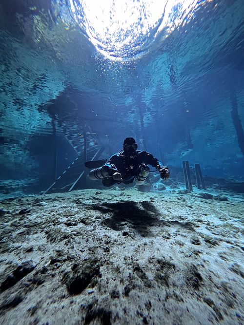 underwater scene during scuba diving in the cenotes