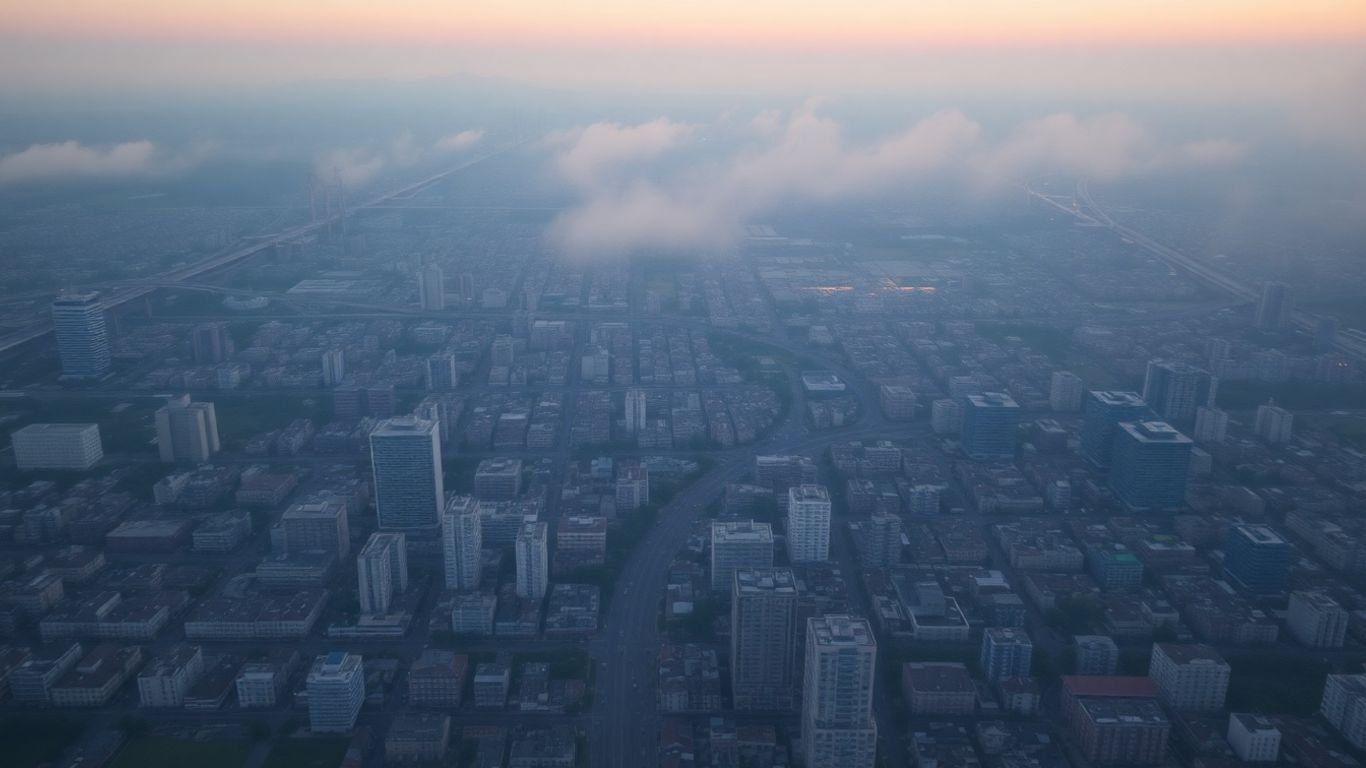 Cityscape at dusk with subtle pollution wisps.