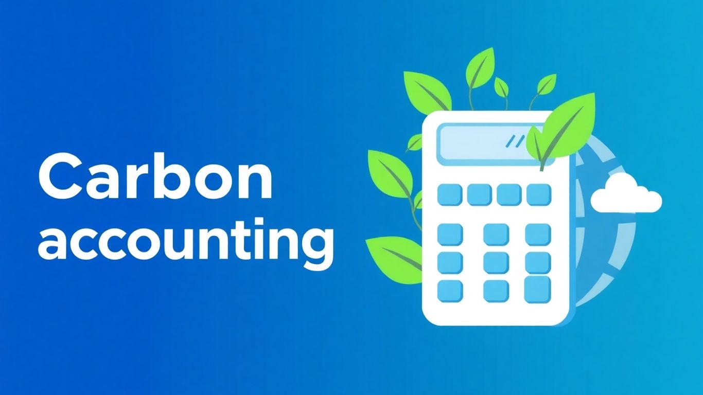 Infographic of calculator with leaves and globe for carbon accounting.