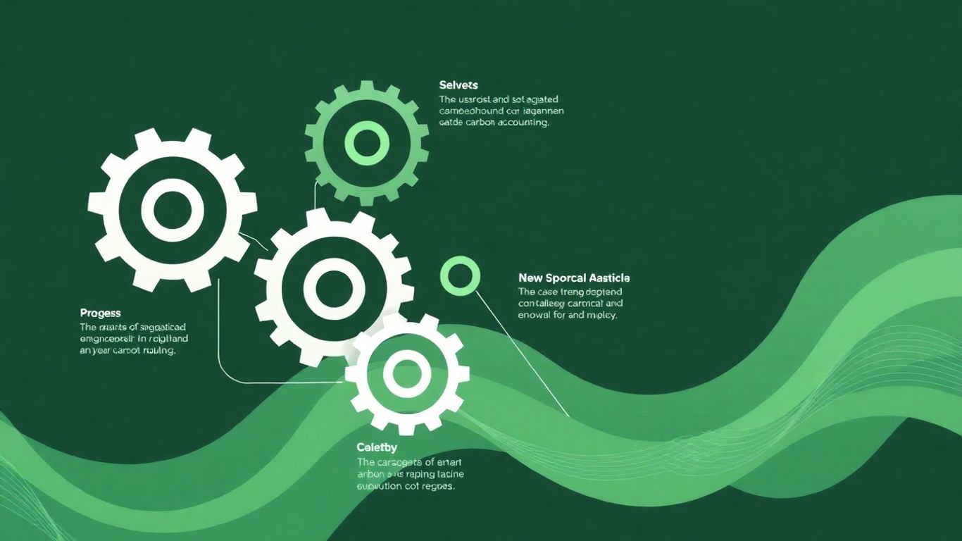 Infographic with gears and flowing lines, green hues.