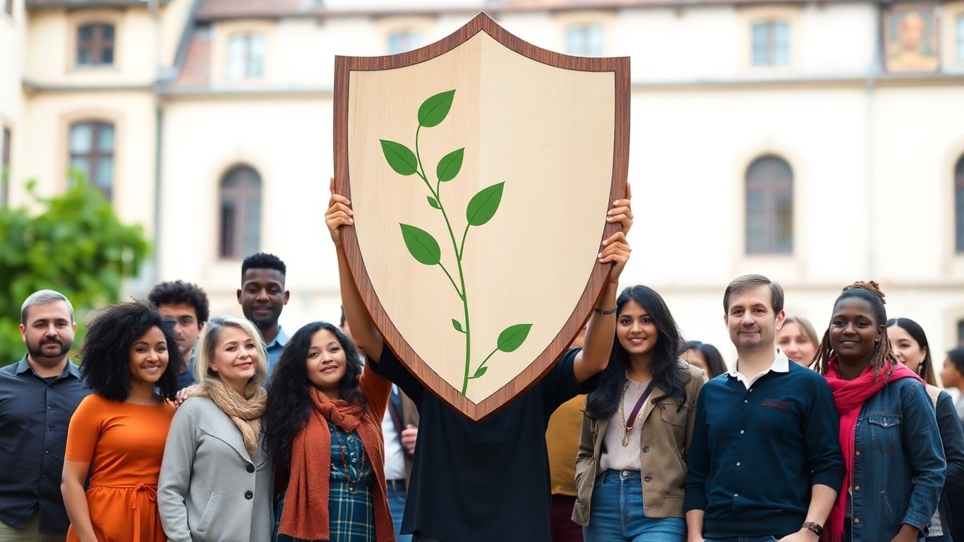 People united behind a shield of sustainability.