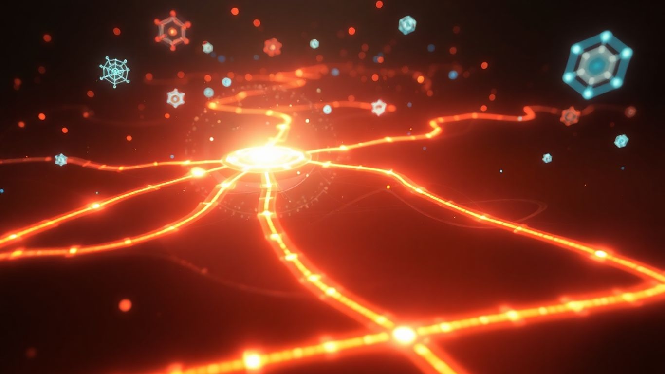 Digital landscape with glowing pathways and abstract data shapes.