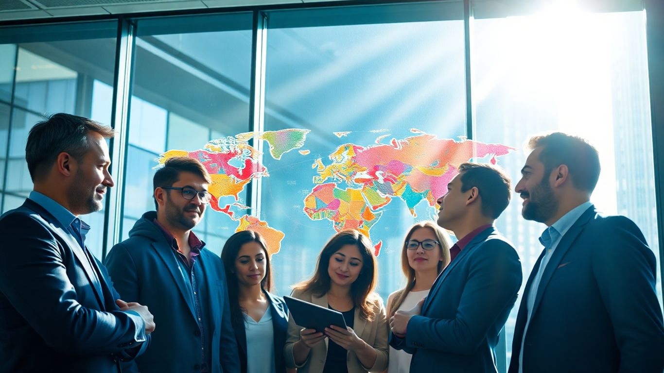 Professionals analyzing global market connections