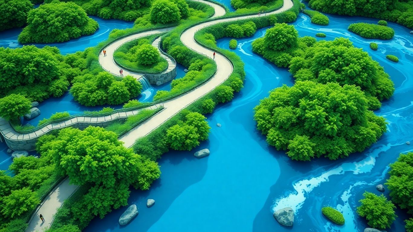 Abstract pathways through green and blue global networks.