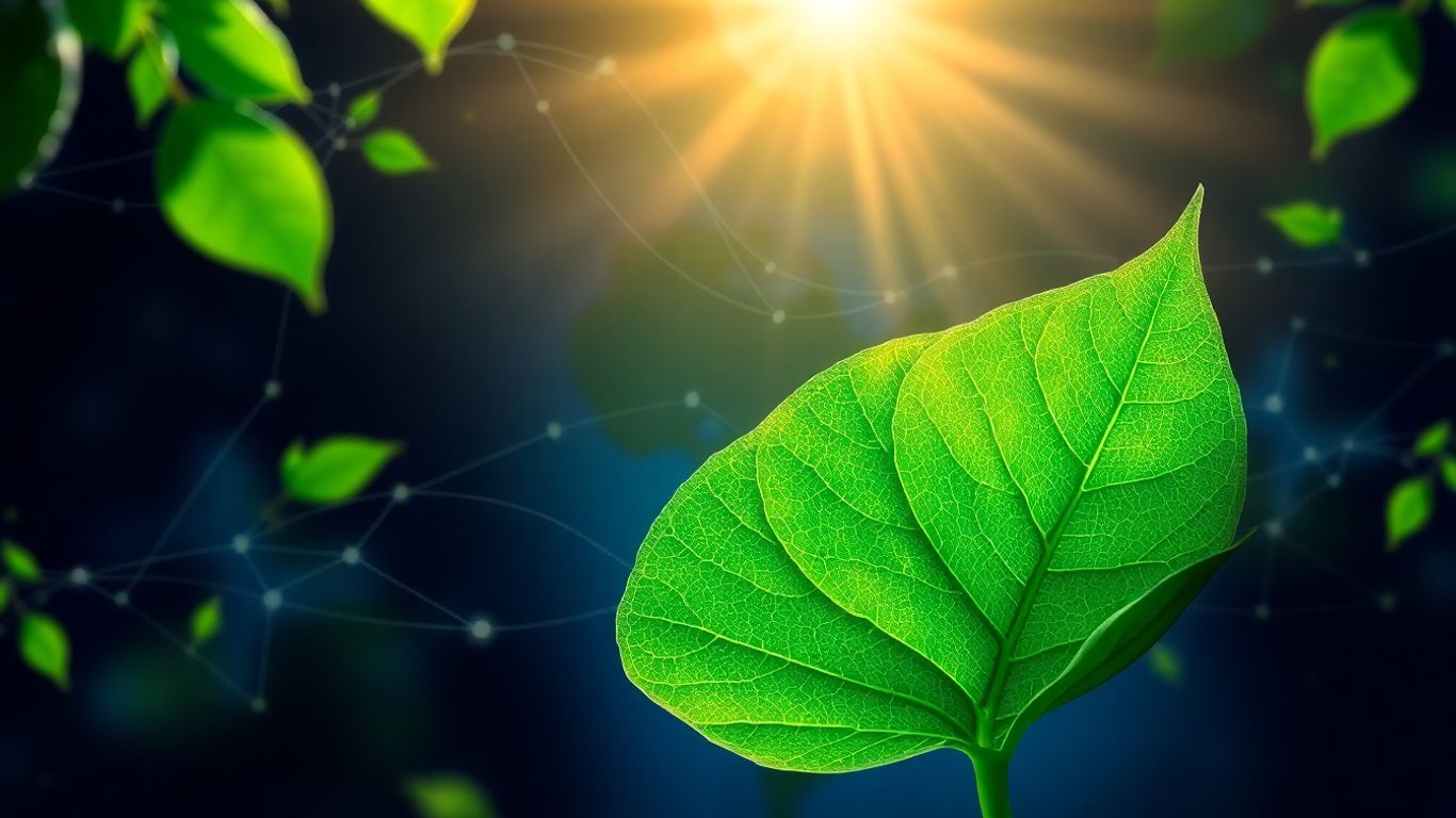 Green leaf on global shipping routes with sunlight.