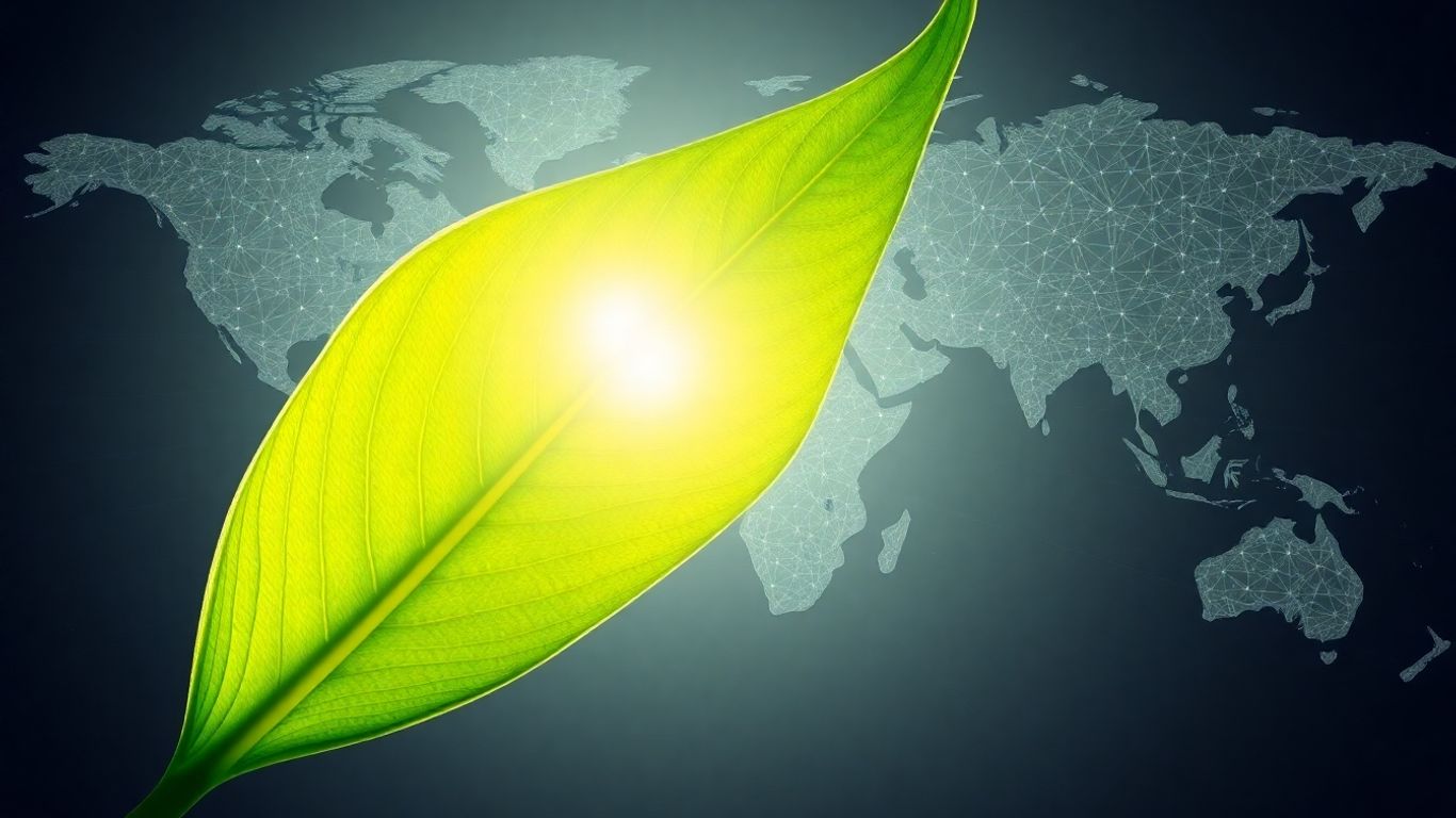 Green leaf over global shipping routes with sunlight.