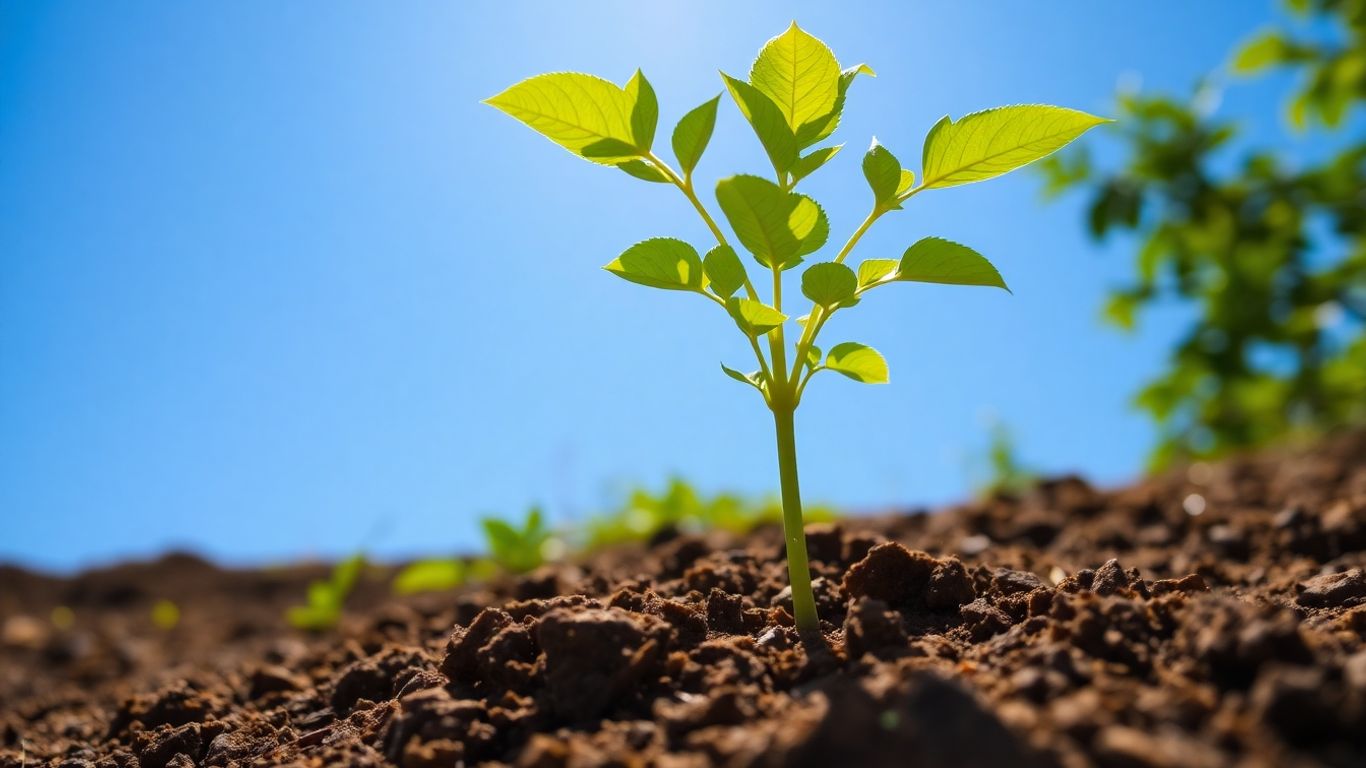 Green sapling growing in sunlight, symbolizing positive carbon footprint.