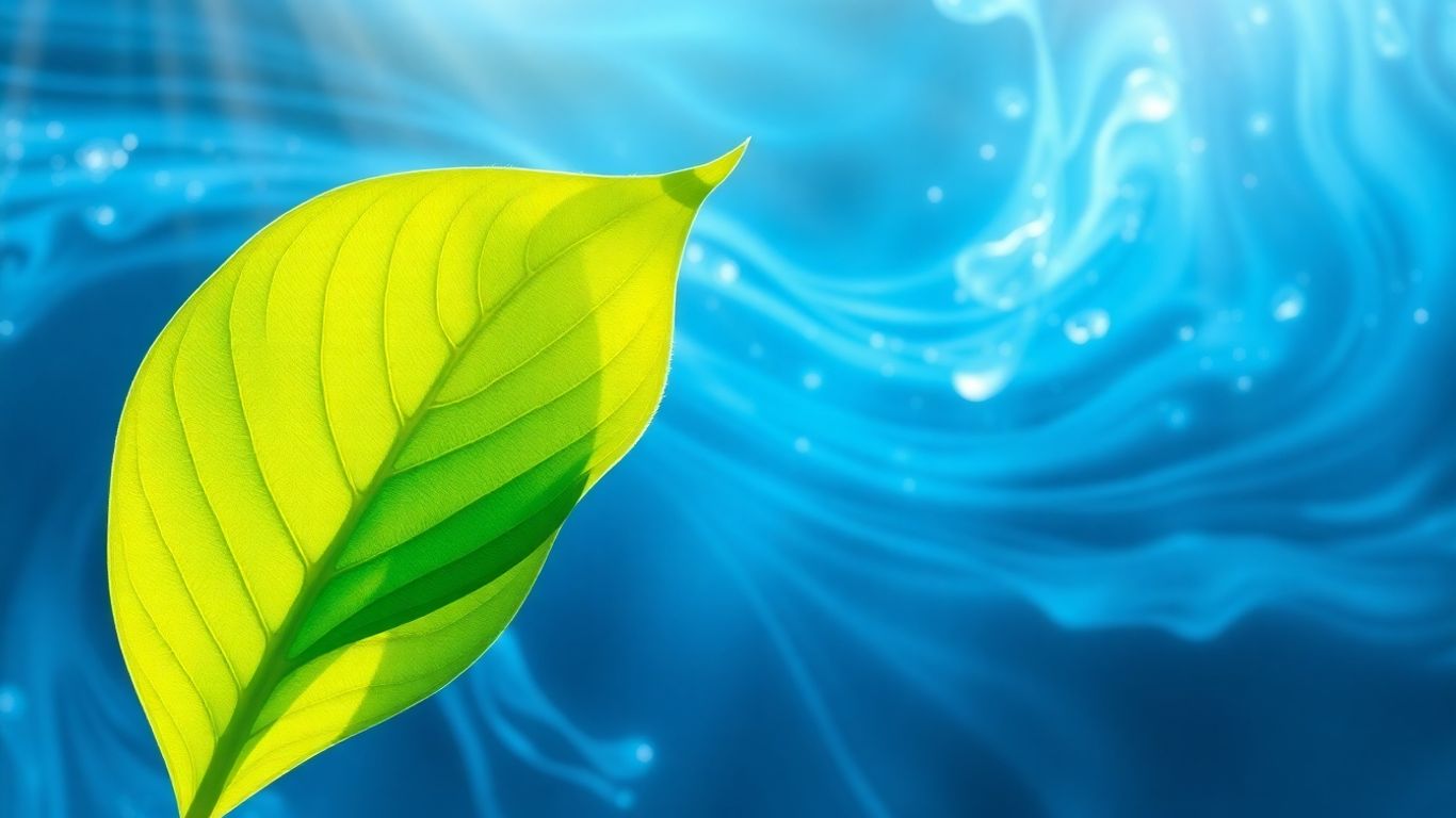 Green leaf with blue energy currents and sunlight.