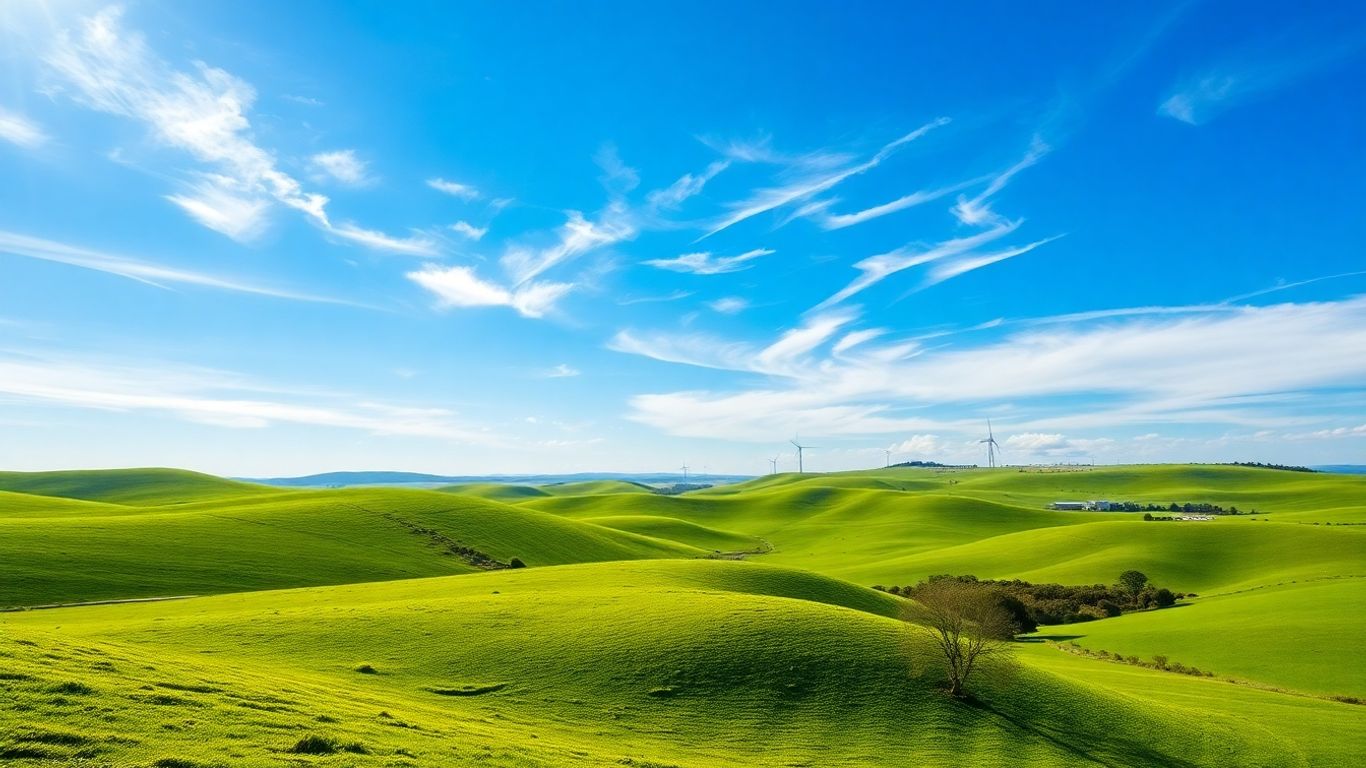 Green landscape with clean energy facility under blue sky.