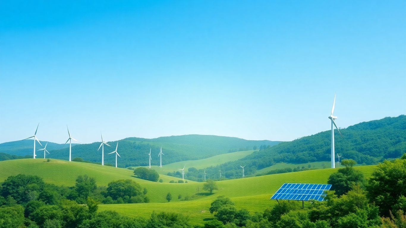 Wind turbines and solar panels in a green landscape.