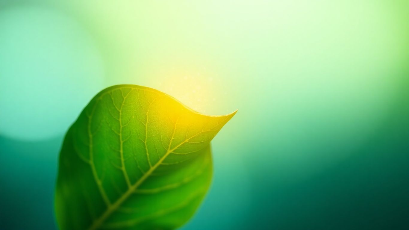Glowing green leaf with upward-drifting golden particles.