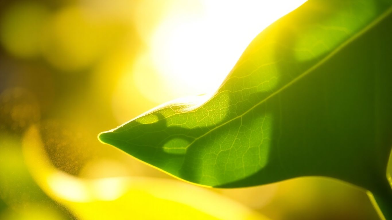 Glowing green leaf with swirling mist and sunlight.