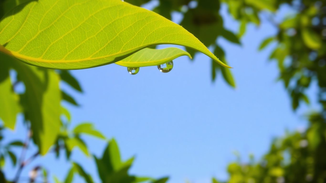 Illuminated green leaf with dew against a blurred natural background.