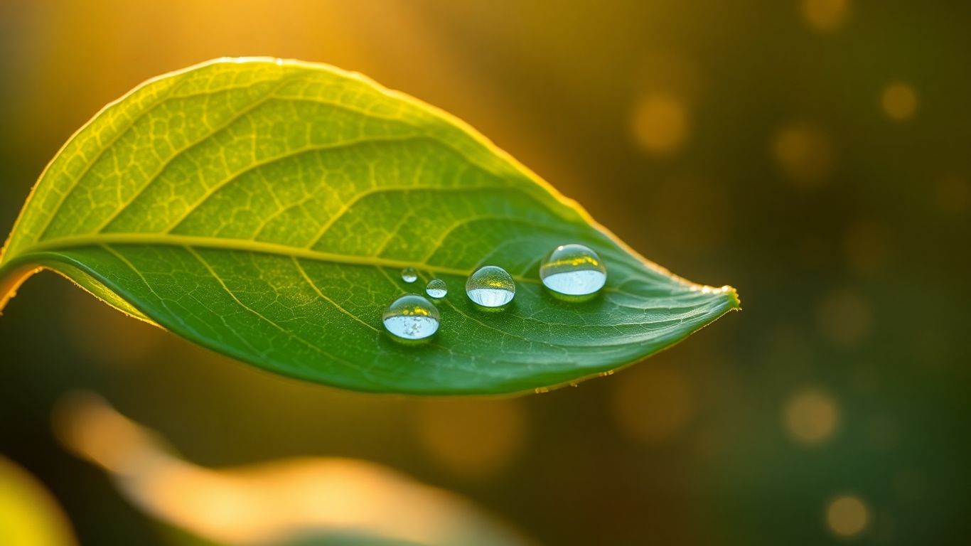 Illuminated green leaf with glistening dewdrops.