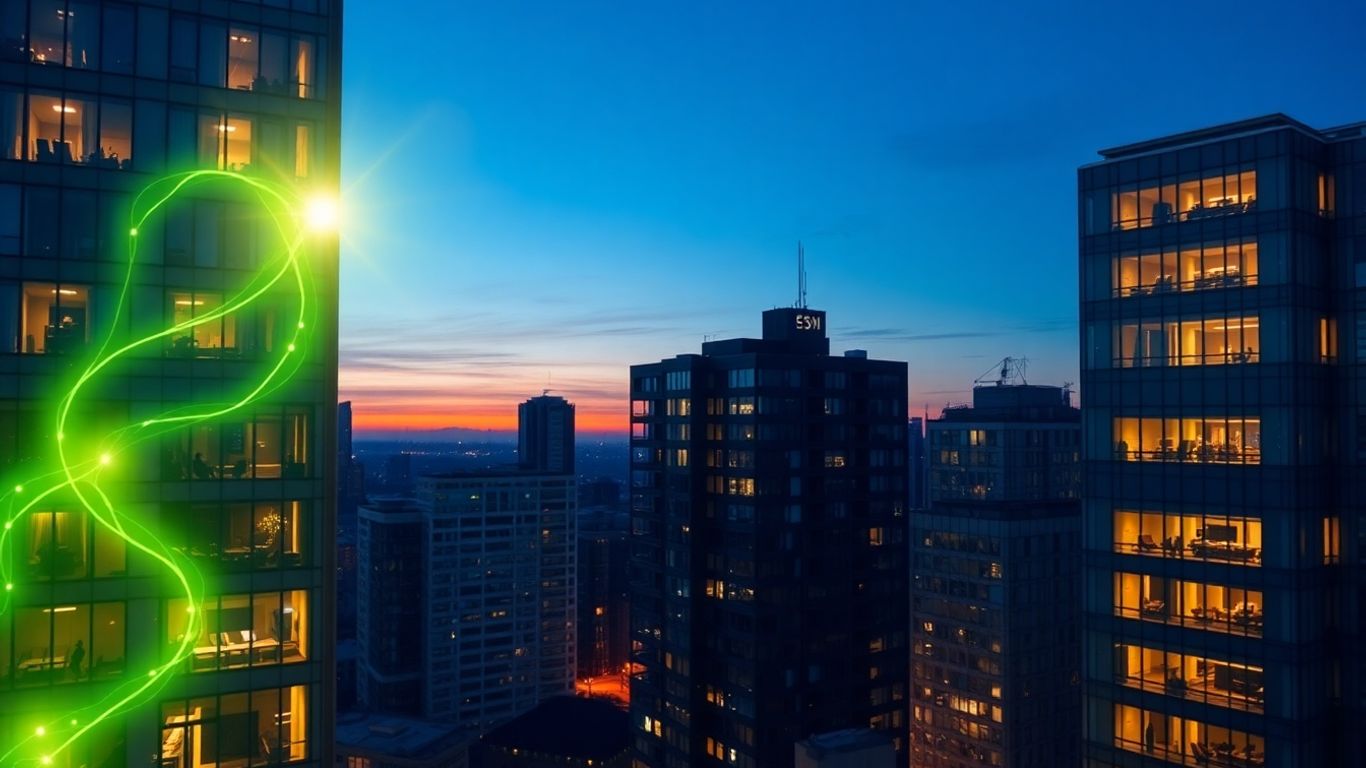 Cityscape with green energy flow connecting buildings.