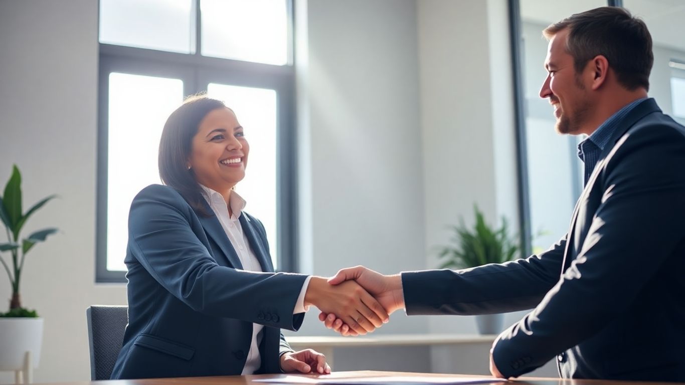 Financial advisor and client shaking hands in office.