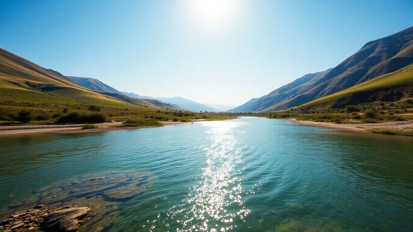 Clear river flowing through a lush valley landscape.