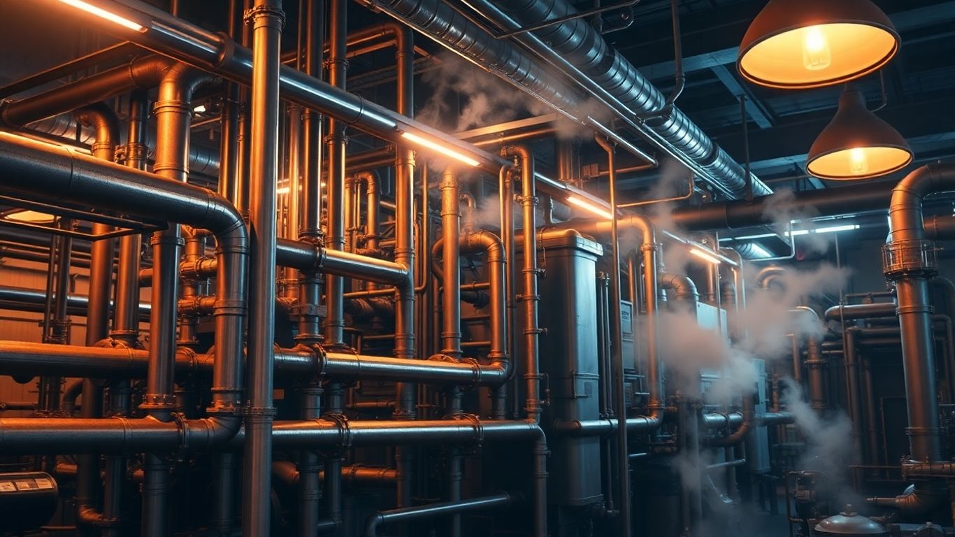 Industrial facility with pipes and machinery.