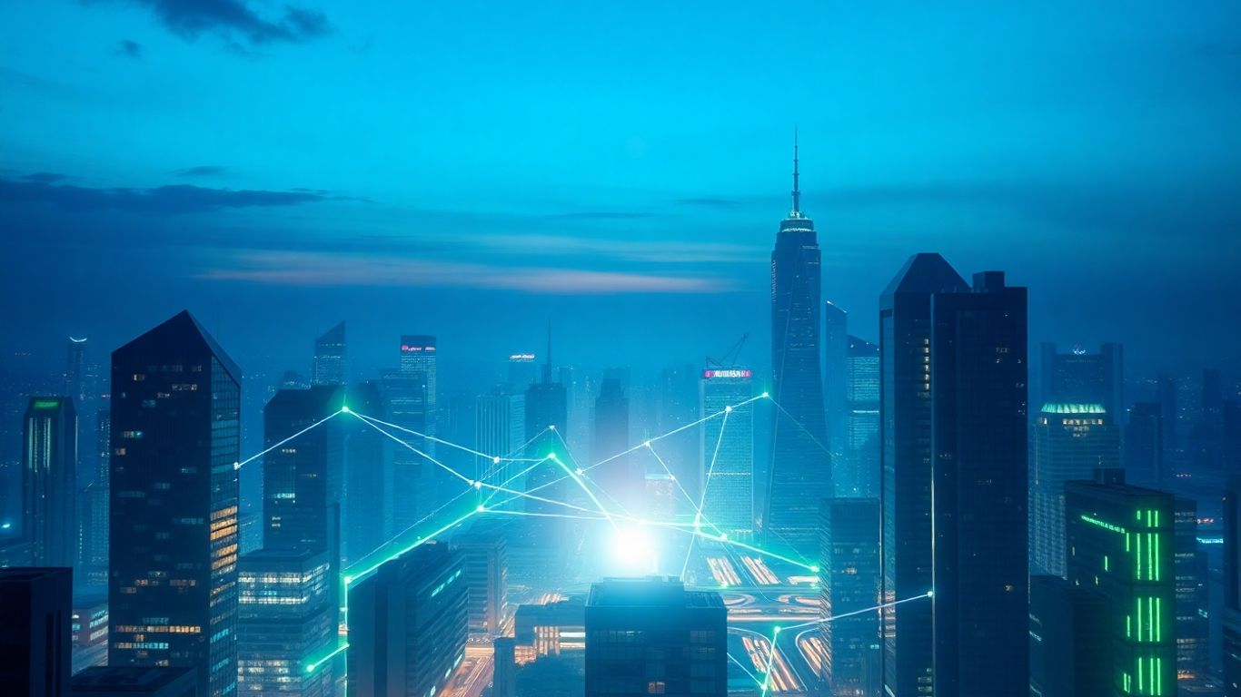 Futuristic cityscape with glowing data lines.
