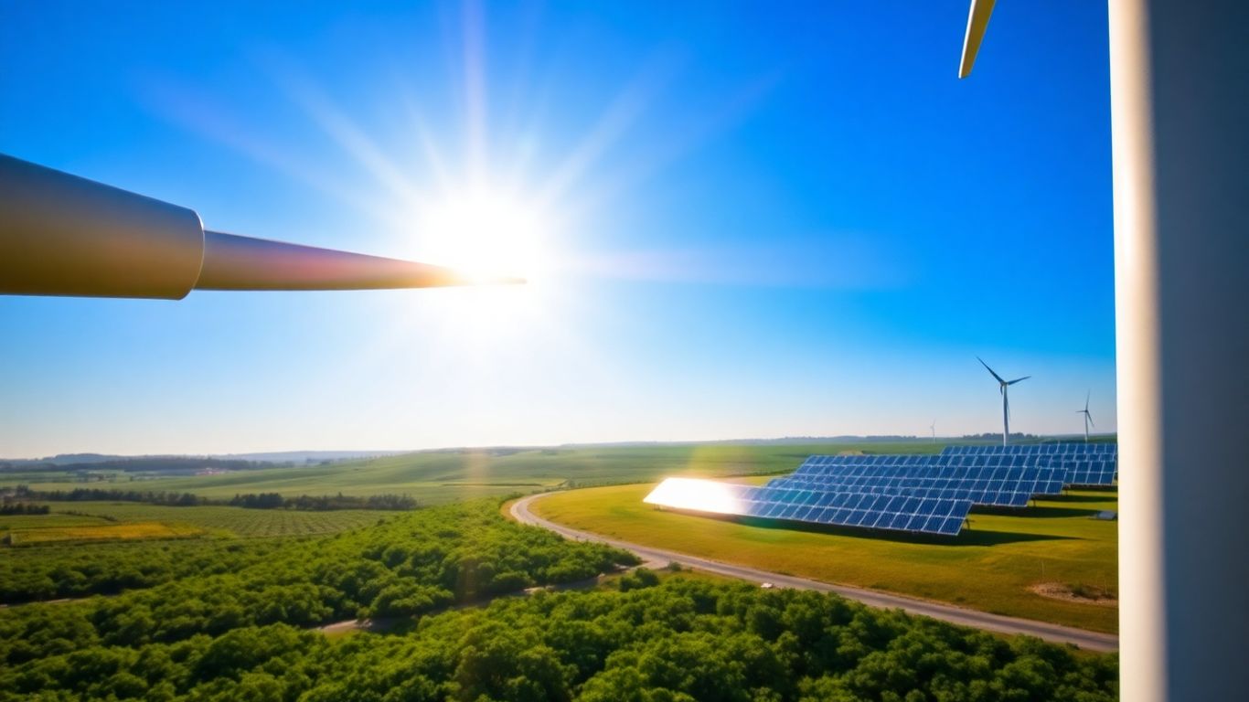 Modern wind turbine and solar panels in a green landscape.