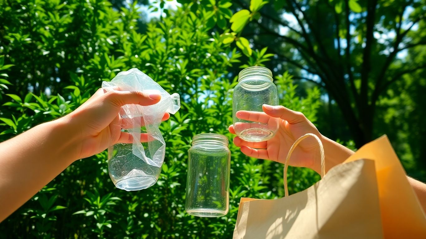 Hands sorting recyclable materials in a green environment.
