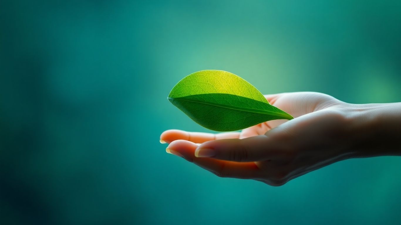 Green leaf growing from a hand.
