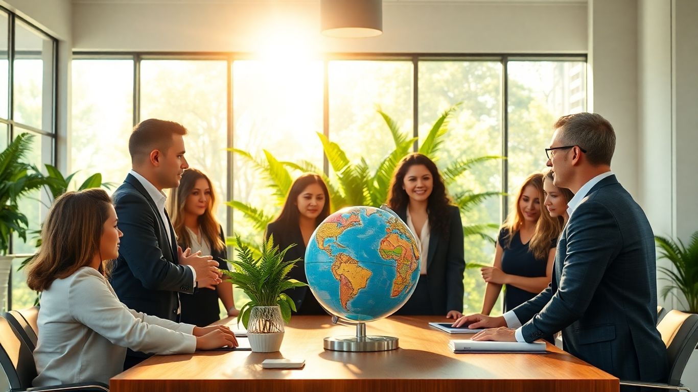 Business people collaborating on sustainability reporting.